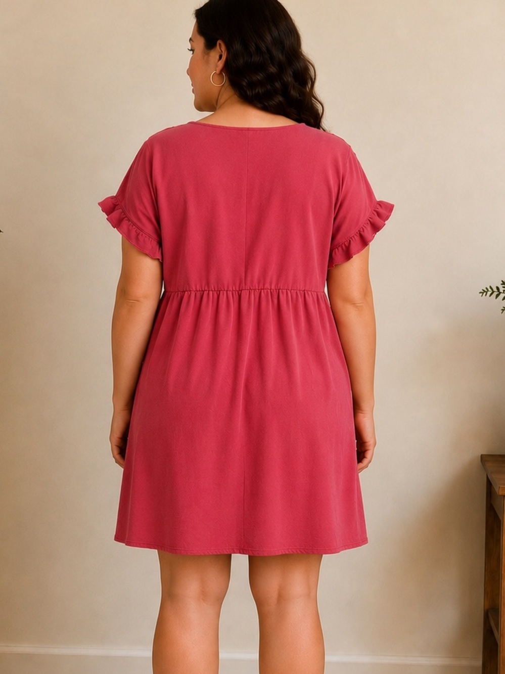 DAVI & DANI Embroidered Deep-V Mini Dress in Raspberry - Picture 2 of 4